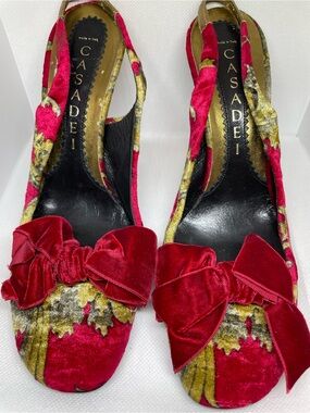 Casadei Red Velvet Bow Slingback Heels with Gold Brocade